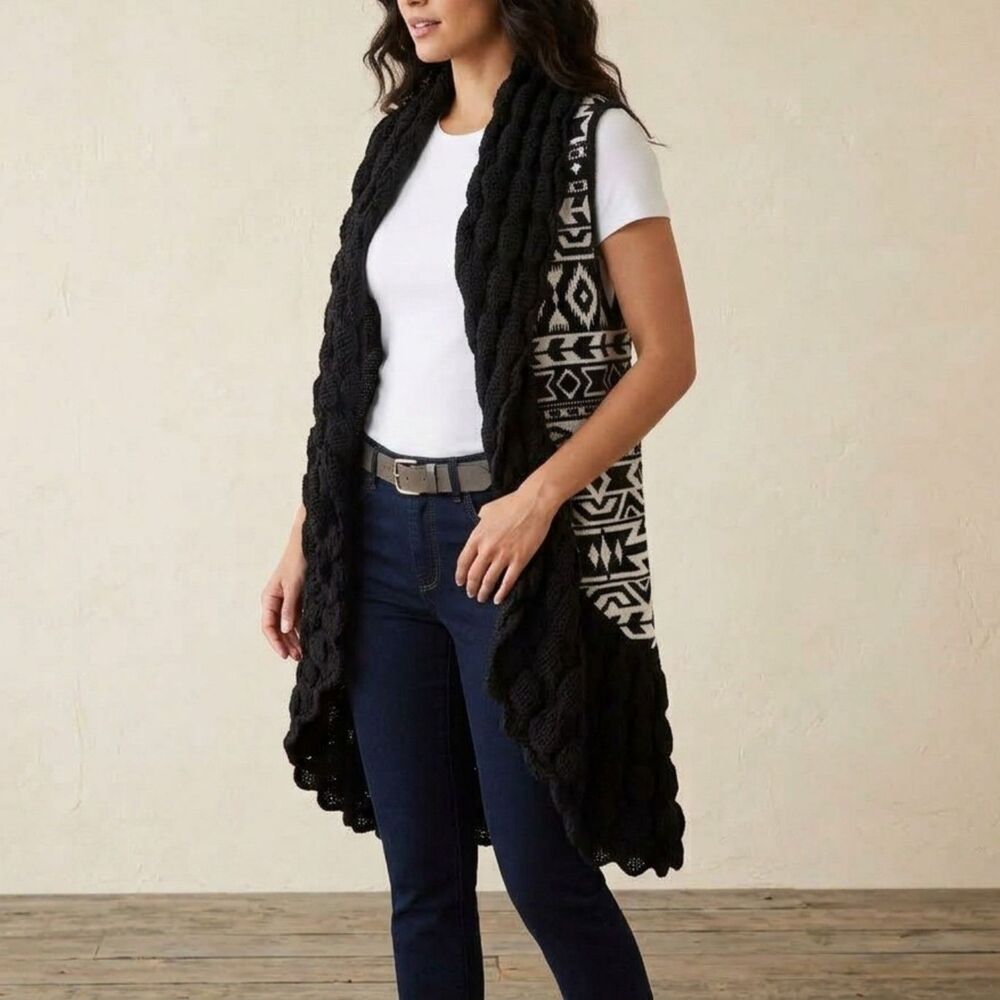 Versona Black White Western Cardigan S Sleeveless Longline Scalloped Knit Aztec